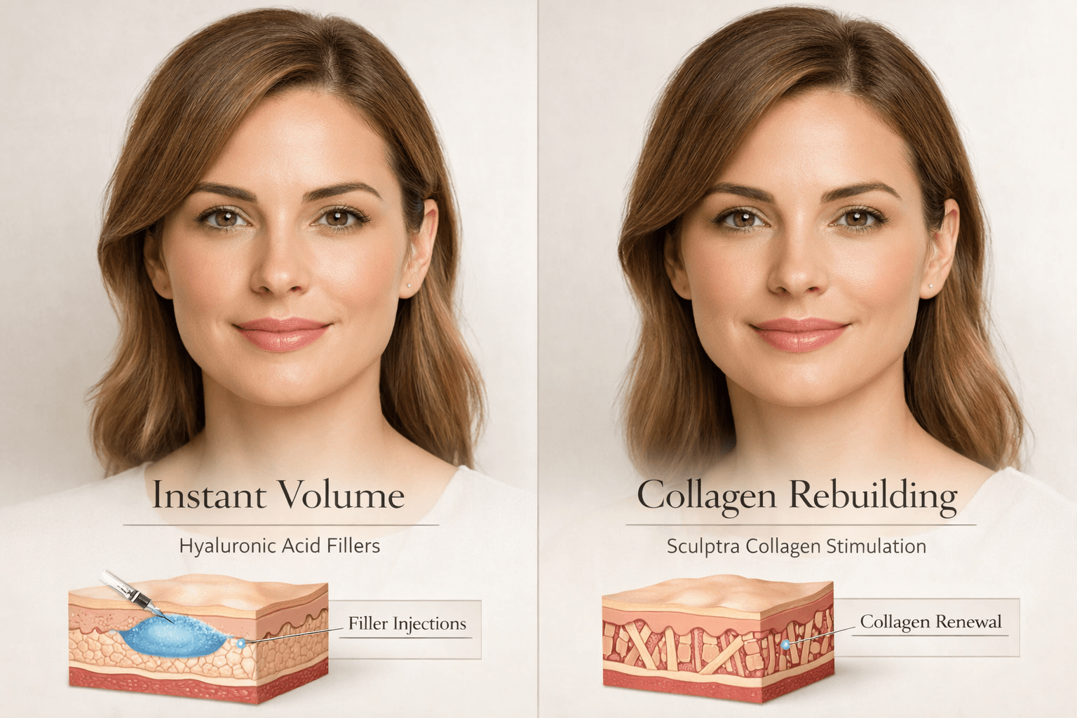 sculptra 2026 midtown vs traditional fillers collagen stimulation comparison showing natural results vs volume-based treatment