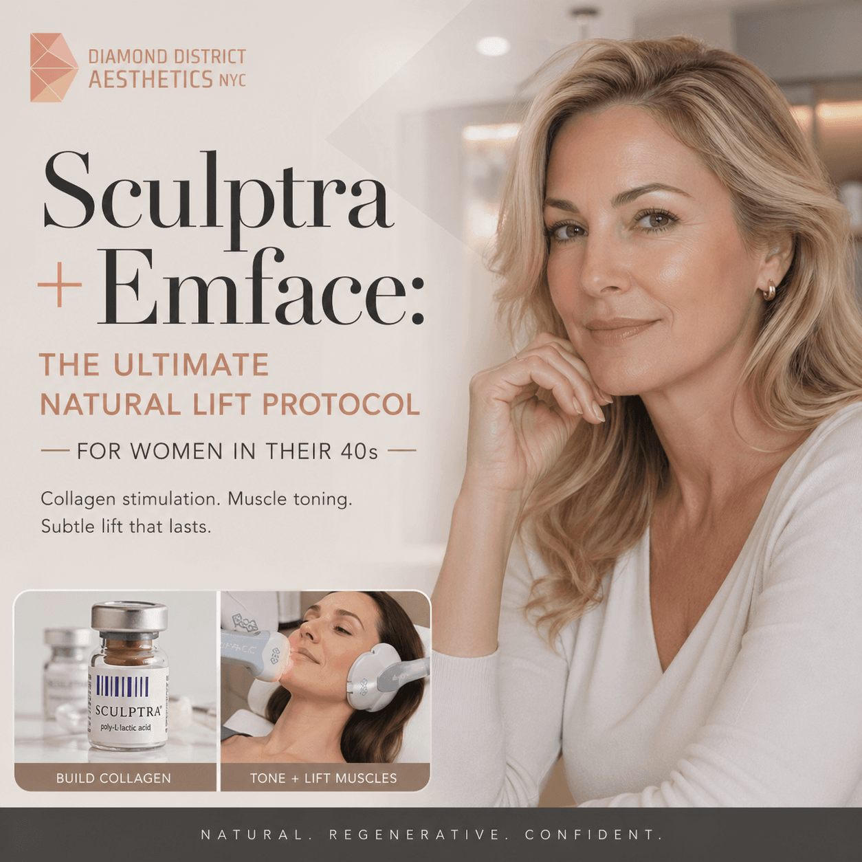 Sculptra and Emface natural lift protocol for women in their 40s Midtown NYC collagen stimulation and muscle toning