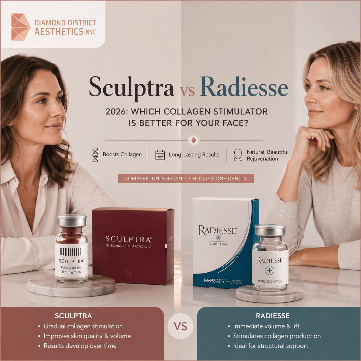 Sculptra vs Radiesse 2026 collagen stimulator comparison showing natural results vs immediate volume for facial rejuvenation