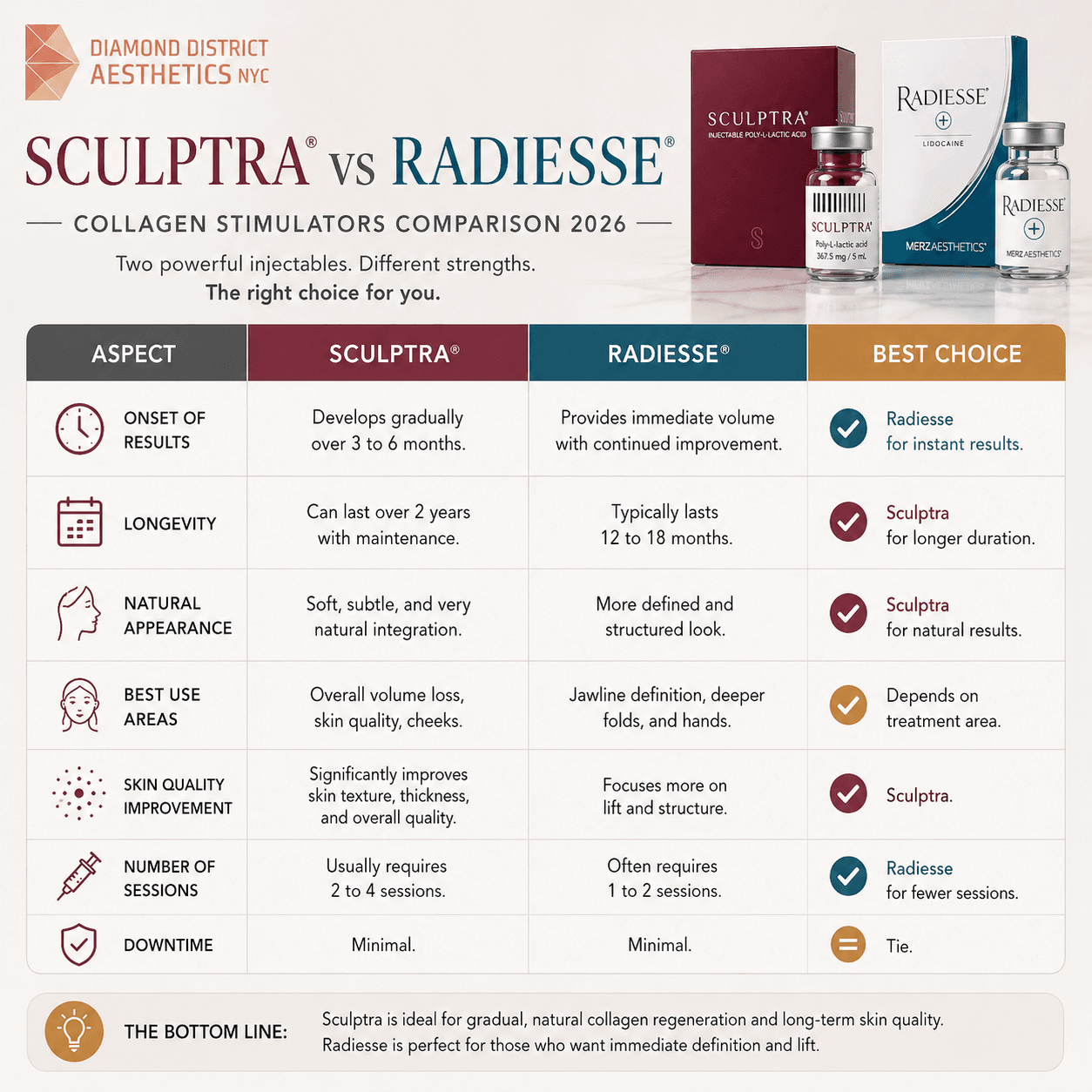Sculptra vs Radiesse collagen stimulators comparison 2026 showing longevity results areas of use and natural appearance differences