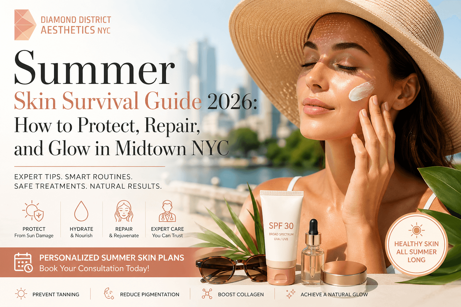 summer skin care NYC 2026 guide showing sunscreen protection glowing skin and hydration routine for healthy summer skincare