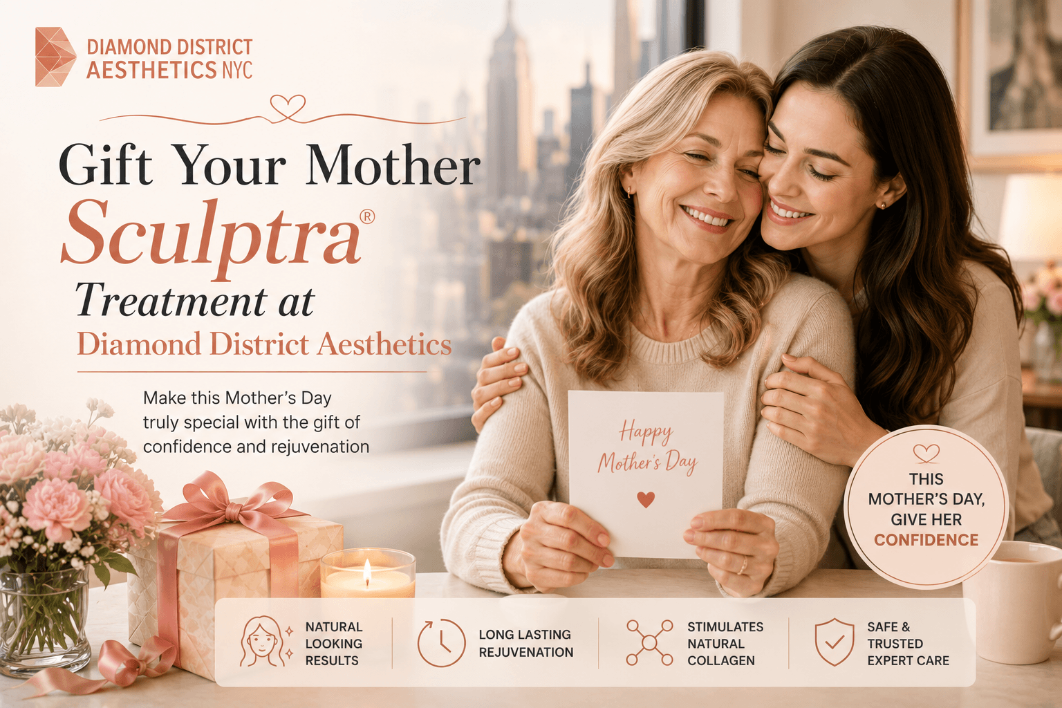 Mother’s Day beauty treatment NYC featuring elegant woman with natural facial rejuvenation and self care aesthetic experience