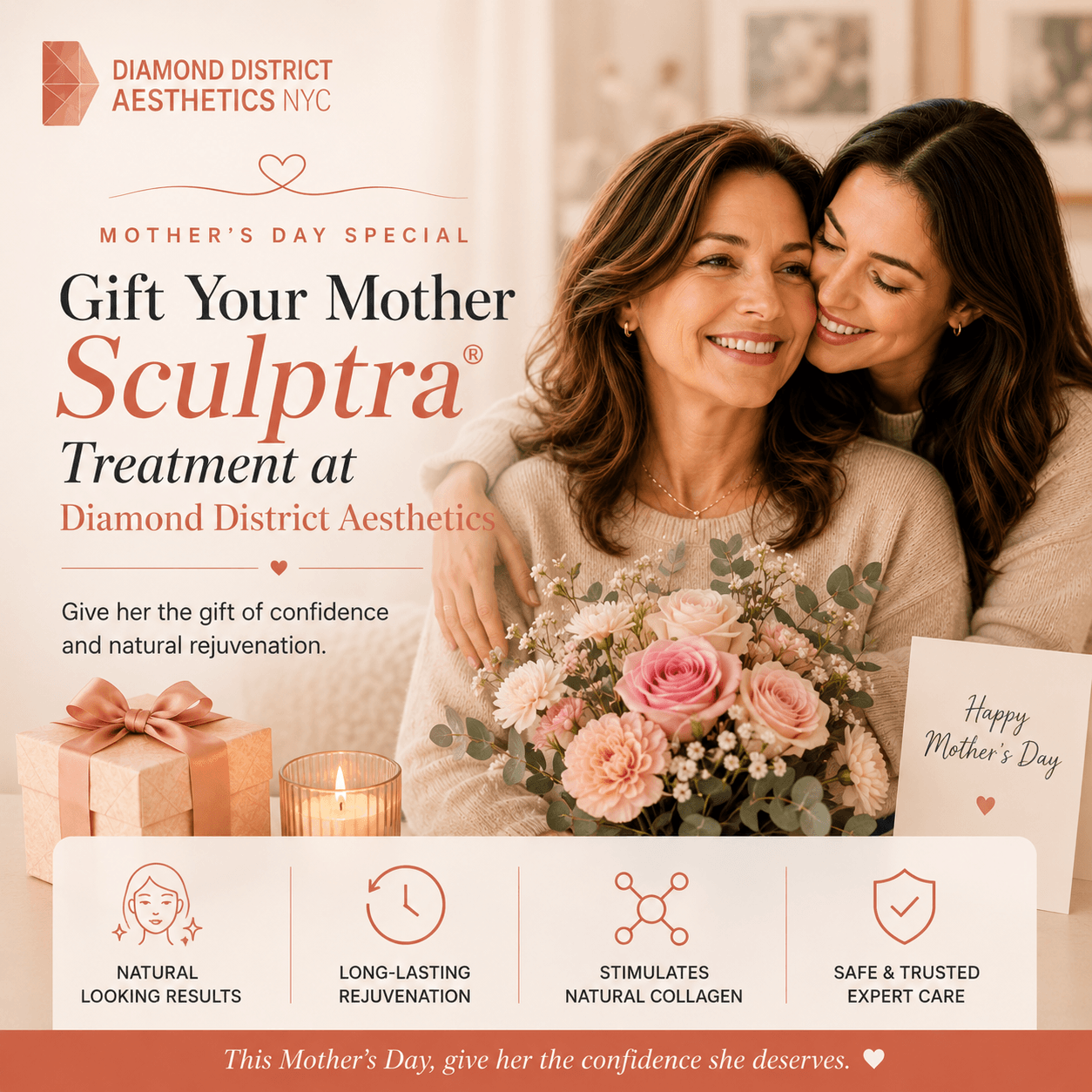 Mother’s Day Sculptra treatment NYC featuring elegant mother and daughter with natural facial rejuvenation at Diamond District Aesthetics