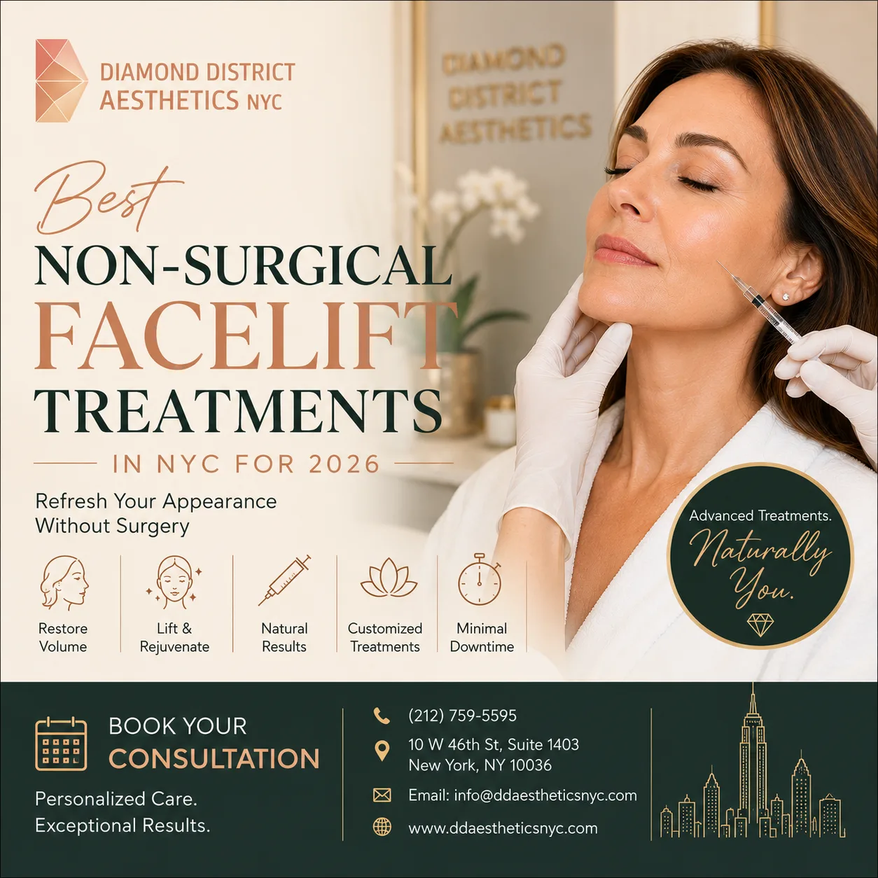 Non-Surgical Facelift Treatments in NYC including fillers, Botox, RF microneedling, skin tightening, and liquid facelift options for facial rejuvenation