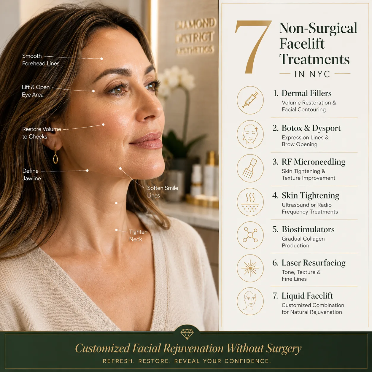 non-surgical-facelift-treatments-nyc-2026 Non-Surgical Facelift Treatments in NYC including dermal fillers, Botox, RF microneedling, skin tightening, biostimulators, laser resurfacing, and liquid facelift options