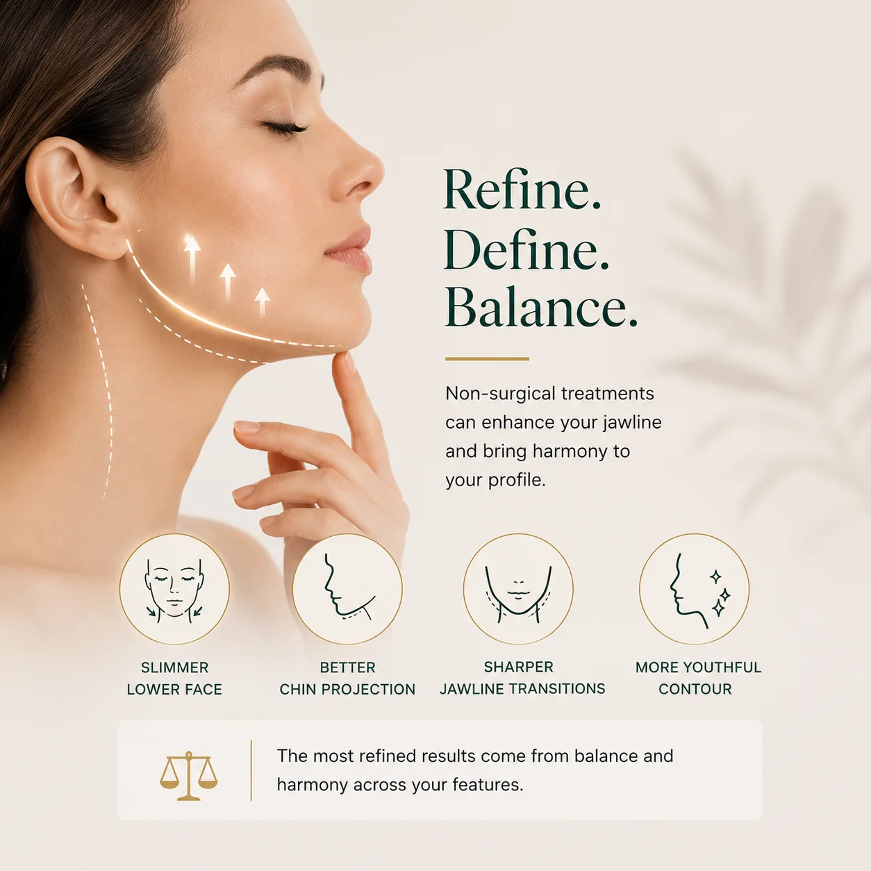 Illustration showing the aesthetic benefits of non-surgical jawline contouring including a slimmer lower face, improved chin projection, sharper jawline definition, and enhanced facial harmony.