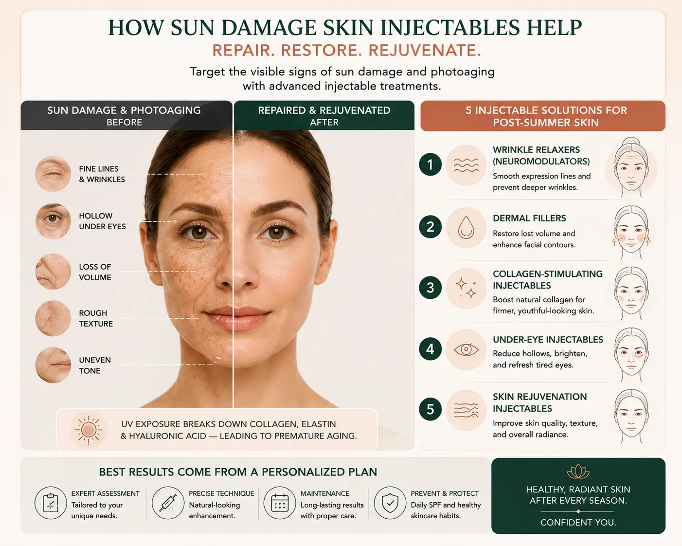 Sun damage skin injectables for addressing fine lines, volume loss, under-eye concerns, and skin quality 