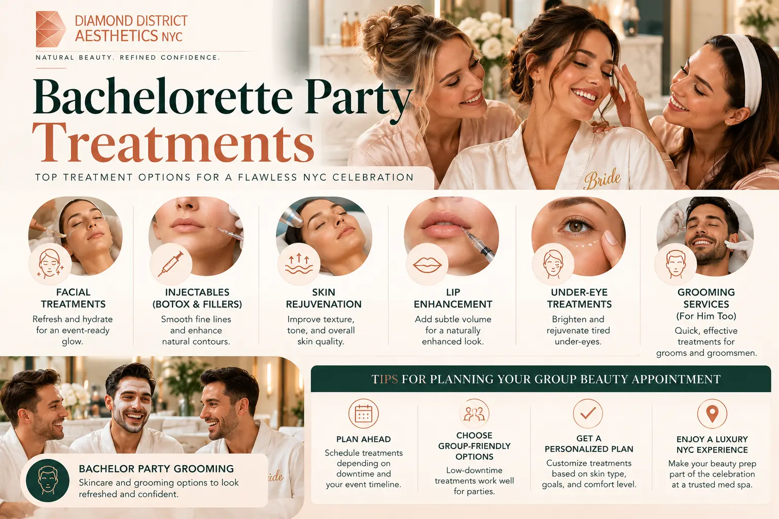 Bachelorette party treatments including facials, injectables, skin rejuvenation, and grooming services in NYC 
