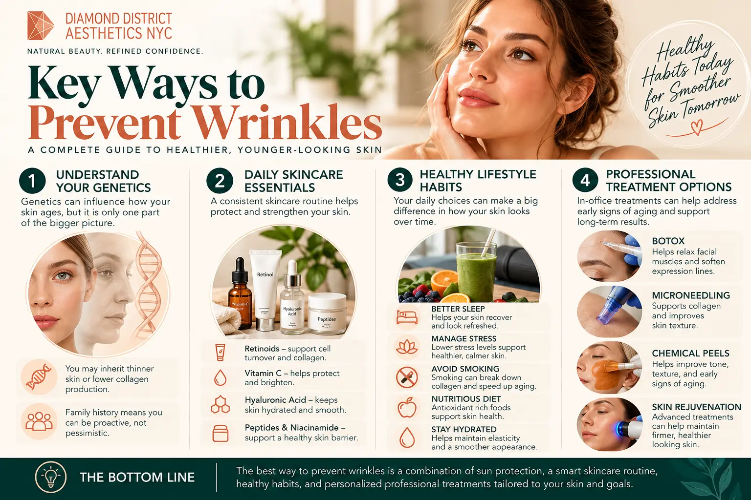 Best way to prevent wrinkles infographic showing genetics, daily skincare, healthy lifestyle habits, Botox, microneedling, chemical peels, and skin rejuvenation.