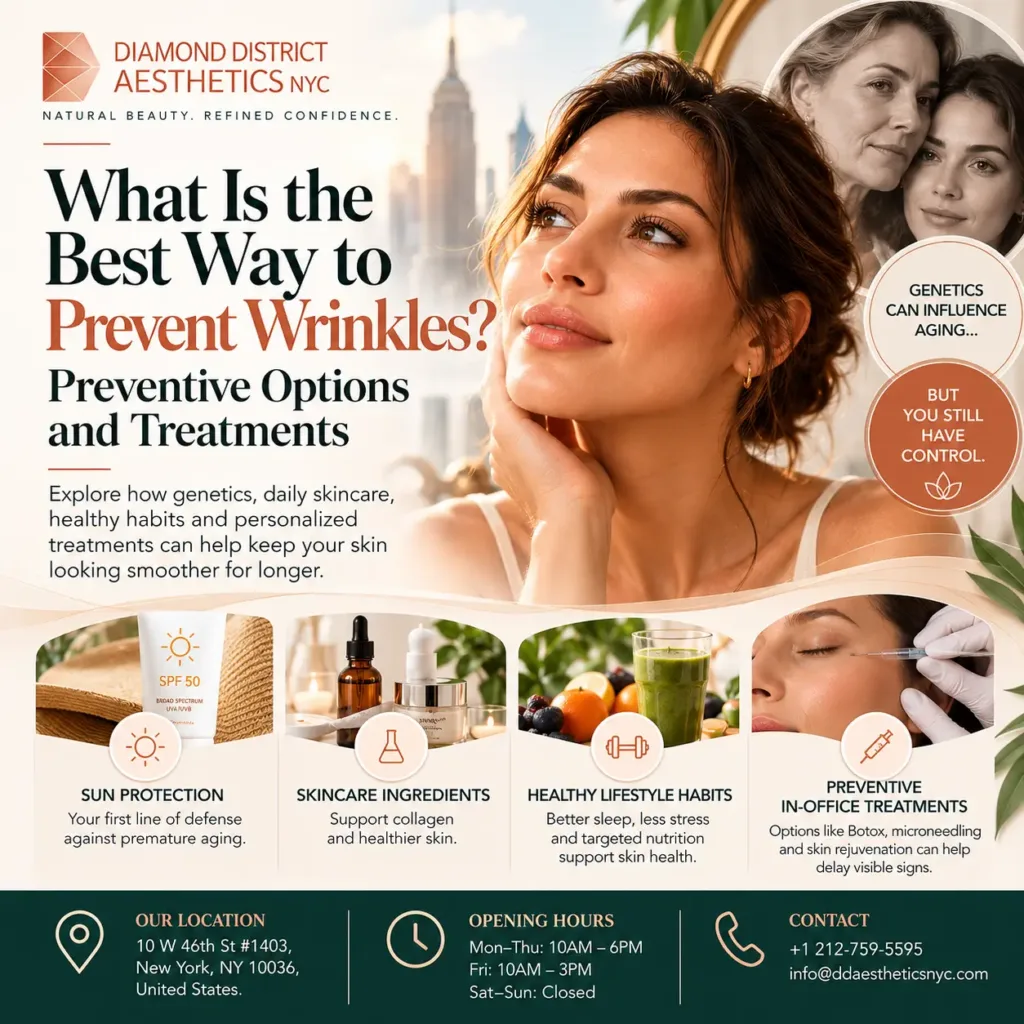 Best way to prevent wrinkles with sun protection, skincare ingredients, healthy lifestyle habits, and preventive aesthetic treatments at Diamond District Aesthetics NYC.